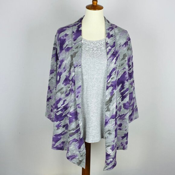 Alfred Dunner Faux Twinset Sz 2X Purple Gray Abstract Floral Lace Sequin Office - Picture 1 of 7